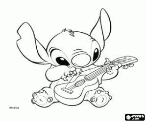 Coloriage Stitch jouant du ukul�l� hawa�en, un instrument qui ressemble � une petite guitare