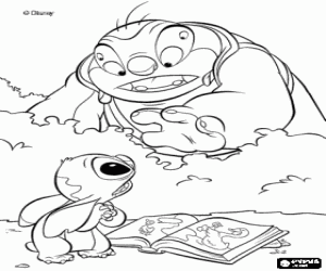 Coloriage Stitch, le petit;extraterrestre bleu, et le docteur Jumba dans le for�t