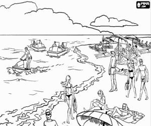 Coloriage Sur la plage en marchant, prenant le soleil et en jouissant de la mer avec une moto aquatique et autres embarcations