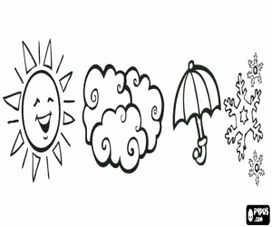 Coloriage Symboles m�t�orologiques - Le soleil, les nuages, le parasol et les flocons de neige