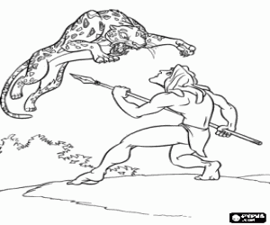 Coloriage Tarzan en combattant avec sa lance contre le grand saut d'un l�opard