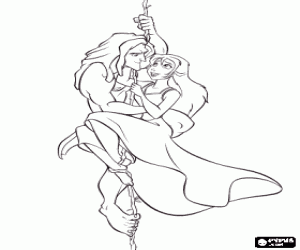 Coloriage Tarzan et son cher Jane embrass�s et accroches d'une liane