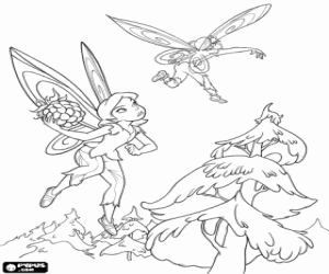 Coloriage Terence s'envole d'une f�e qui menace de jeter un bouquet de fruits
