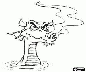 Coloriage T�te de dragon avec des cornes en sortant de l'eau et en fumant par le nez