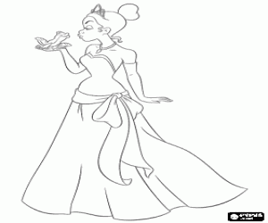 Coloriage Tiana au moment d'embrasser la grenouille Naveen
