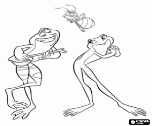 Coloriage Tiana la grenouille dans l'amour en �coutant le chant de grenouille Naveen sous la lumi�re de son ami Ray