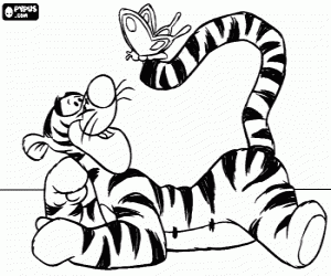 Coloriage Tigrou allong� sur le sol en regardant un papillon qui a atterri sur sa queue