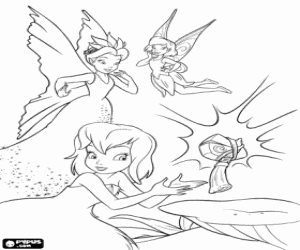 Coloriage Tinker Bell, la F�e Clochette montre ses comp�tences avec les mains � la Reine Clarion
