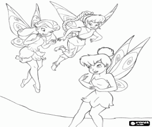 Coloriage Tinkerbell ou la F�e Clochette avec deux de ses amies, les f�es Ros�lia et Noa