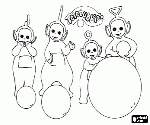 Coloriage Tous les Teletubbies jouant avec des boules