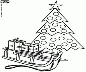 Coloriage Tra�neau avec des cadeaux � c�t� d'un arbre de No�l
