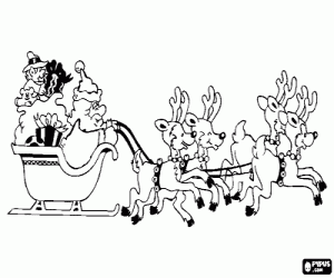 Coloriage Tra�neau de No�l tir� par des rennes magiques et charg�s de cadeaux, le P�re No�l et un elfe