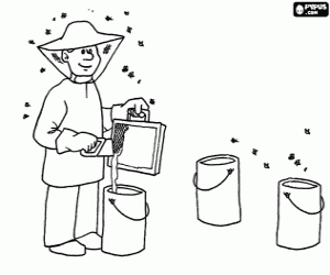Coloriage Travailleur � la r�colte du miel des abeilles dans des contenants diff�rents