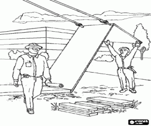 Coloriage Travailleur �rigeant un coffrage � l'aide d'une grue, l'ing�nieur en chef contr�ler le travail