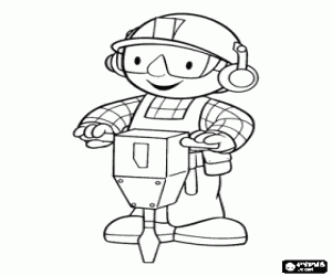 Coloriage Travailleur qui travaille avec le marteau m�canique, �quip�s de casques, lunettes et bouchons anti-bruit