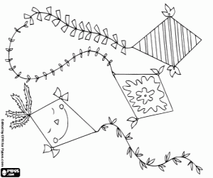 Coloriage Trois beaux cerfs-volants volent dans le ciel