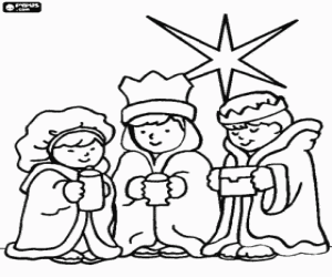 Coloriage Trois enfants habill�s comme les trois Rois Mages d'Orient avec l'�toile de Bethl�em