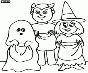 Coloriage Trois enfants v�tus de truc ou un traiter - Un fant�me, une sorci�re et un d�mon avec des sacs
