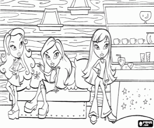 Coloriage Trois jeunes filles Bratz boire un verre dans le bar