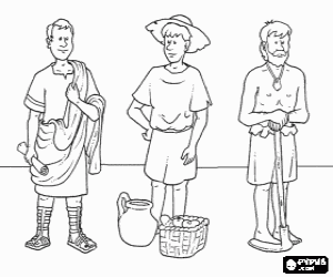Coloriage Trois repr�sentants de la soci�t� romaine: le patricien (nobles propri�taires), le pl�b�ien (le peuple) et l'esclave (la plupart des prisonniers de guerre)