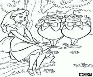 Coloriage Tweedledum et Tweedledee ou Blanc bonnet et bonnet blanc parlant avec Alice