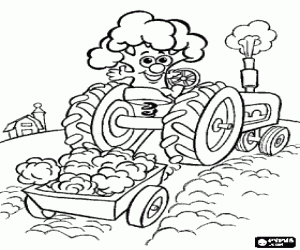 Coloriage Un brocoli anim�e conduire le tracteur dans le domaine