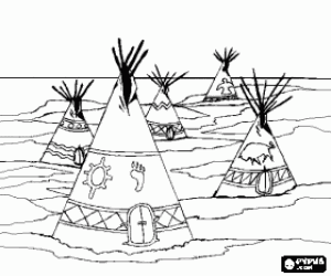 Coloriage Un camp tribu indienne avec des tipis ou des tentes sur la plaine