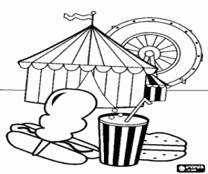 Coloriage Un chapiteau de cirque avec une grande roue au bas de la foire et boire et � manger au premier plan