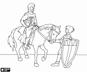 Coloriage Un chevalier avec son cheval et son �cuyer avec le bouclier