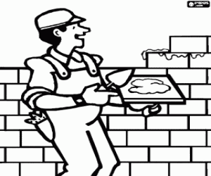 Coloriage Un constructeur ou ma�on � le construction d'un mur de briques