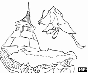 Coloriage Un dragon volant pr�s d'un b�timent
