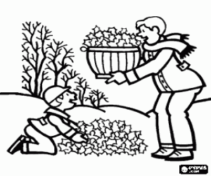 Coloriage Un enfant avec son p�re travaillant dans le jardin en ramassant les feuilles s�ches