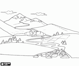 Coloriage Un fleuve de sa source au sommet d'une montagne jusqu'� son embouchure dans un delta