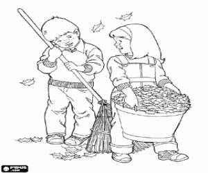Coloriage Un gar�on et une fille � la cueillette des feuilles mortes � l'automne avec un rateau et un seau