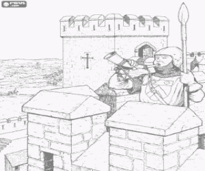 Coloriage Un gardien de la tour du ch�teau soufflant la corne et avec sa lance dans sa main