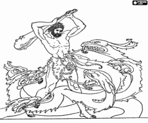 Coloriage Un homme affronte l'hydre de Lerne, monstre aquatique en forme de serpent avec sept t�tes