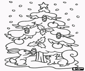 Coloriage Un lapin et un �cureuil � c�t� d'un arbre de No�l d�cor� d'une �toile, des c�nes, des pommes et des feuilles de houx sous une forte chute de neige