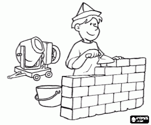 Coloriage Un ma�on en levant une paroi avec la truelle et une b�tonneuse derri�re