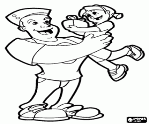 Coloriage Un p�re avec sa fille dans les bras en donnant le cadeau 