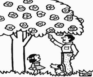 Coloriage Un p�re avec son chien, enseignant de sa fille � un arbre de fleurs en fleurs au printemps