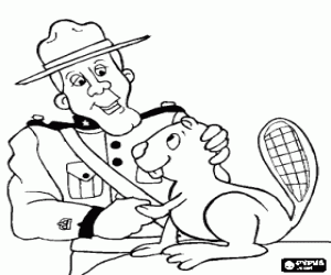 Coloriage Un policier de la Gendarmerie royale du Canada caresser un castor