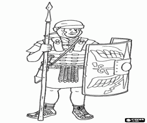 Coloriage Un soldat romain, un l�gionnaire arm� avec de pilum (lance), �p�e, casque, armure et bouclier