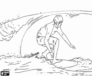 Coloriage Un surfeur, surfer ou aquaplanchiste entrer dans le tube d'une onde