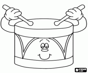Coloriage Un tambour, anim� et avec le visage, frapp�es avec une paire de baguettes