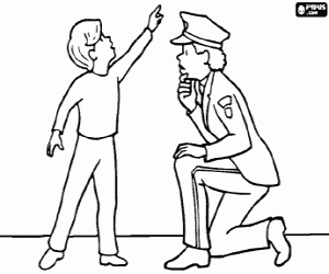 Coloriage Une agent de police � �couter attentivement les explications d'un enfant