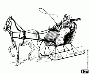 Coloriage Une famille dans un tra�neau tir� par un cheval pour No�l