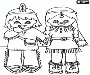 Coloriage Une fille et un gar�on indiens avec des v�tements typiques de son peuple