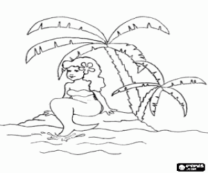 Coloriage Une magnifique sir�ne sur la rive d'une petite �le avec des palmiers