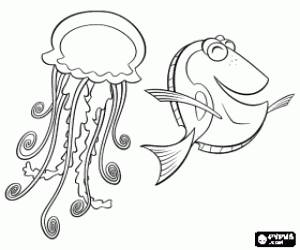 Coloriage Une m�duse avec ses tentacules et un poisson dans la mer
