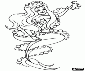 Coloriage Une sir�ne orn�e avec d'une couronne de perles et entour� d'une serpentine de bulles